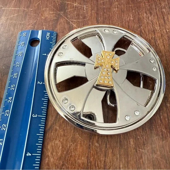 Y2K Spinner Cross Belt Buckle Silver Tone Chrome Rhinestone Metal Industrial l - Picture 9 of 10
